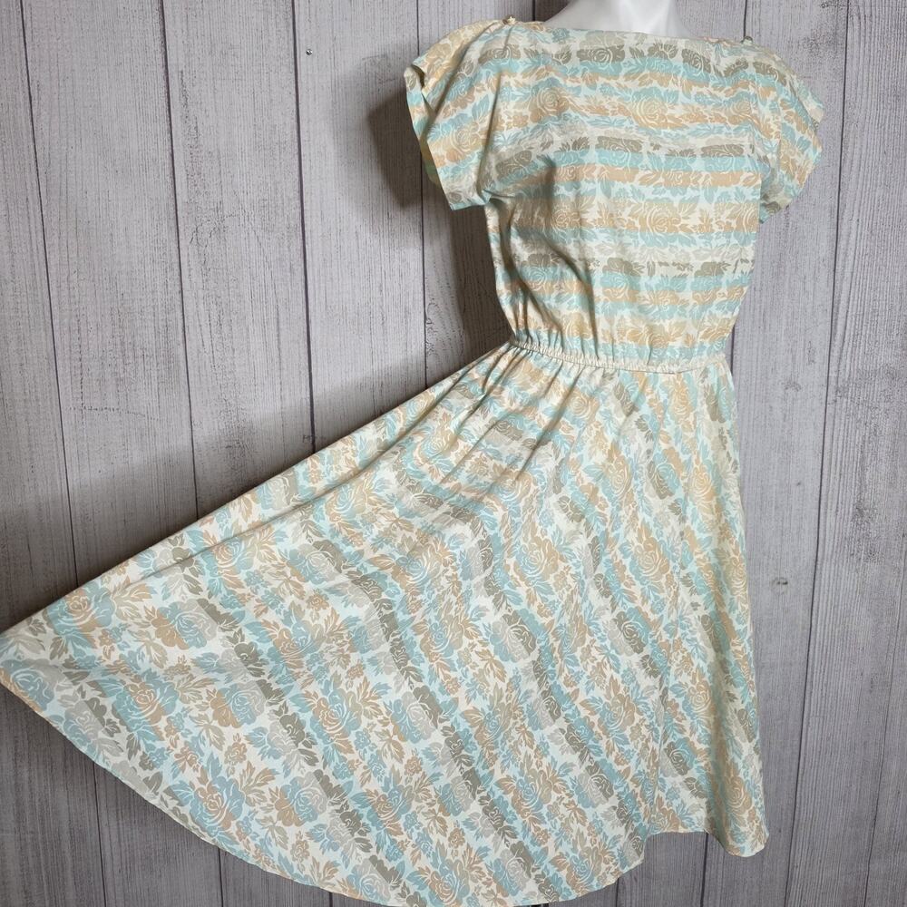 Vintage Just In Thyme Dress Aqua Floral Stripe Full Skirt - Size 10